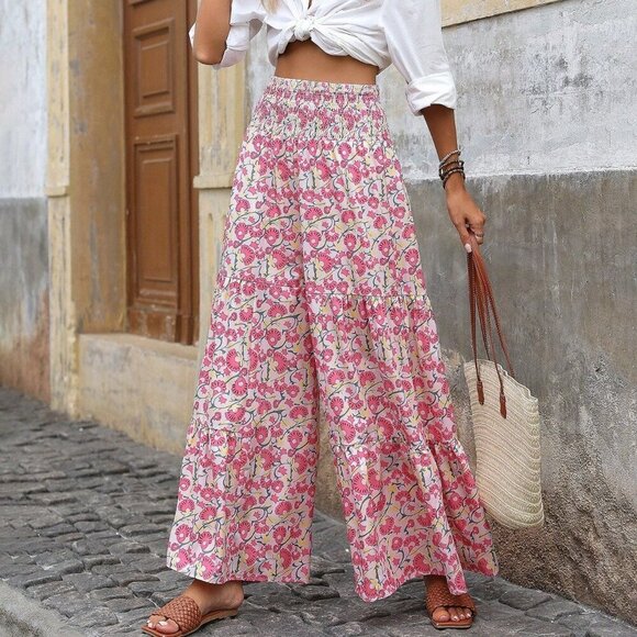 Pink Boho Women's Allover Print High Waist Wrap Around Wide Leg Pants - Picture 3 of 5